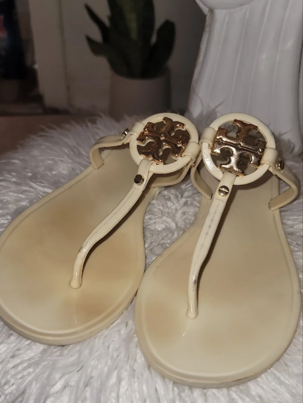 Tory Burch Ivory Logo T-Strap Jelly Sandals with Gold Accent